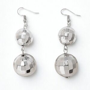 NEW Disco Ball Earrings Silver Mirror Dangle 70s Retro Rave Statement Jewelry